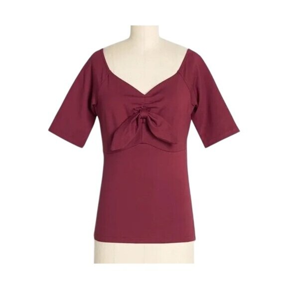 2/$30 Voodoo Vixen Small Burgundy Bow Front V Neckline Top With 3/4 Sleeves NWT - Picture 4 of 16